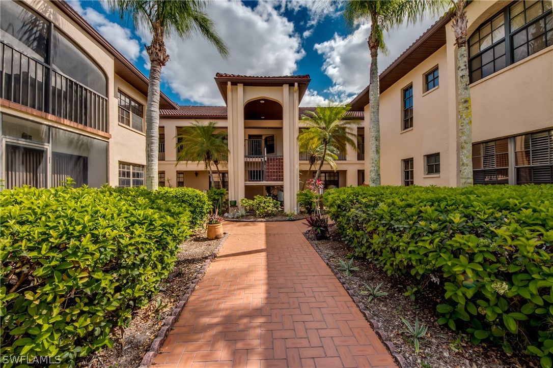 a view of a building with potted plants