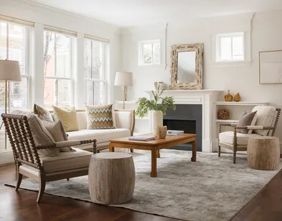 a living room with furniture a table and large windows