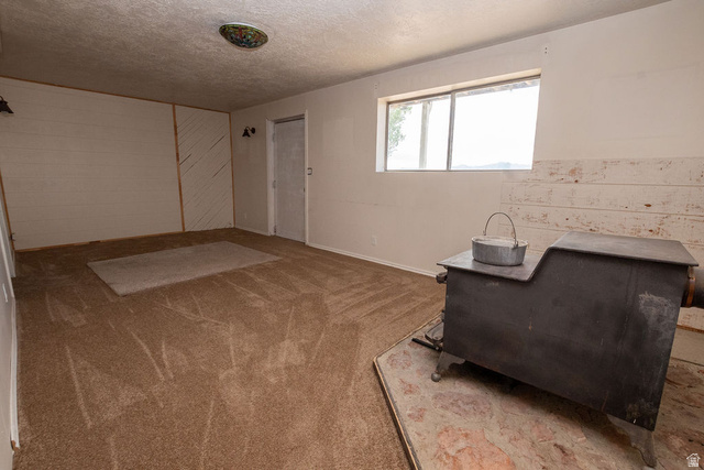 570 West Main Street Beaver, UT 84713 - Photo 21 of 43 Spacious room featuring a wood-burning stove on a hearth, light brown carpeting, a window, wall-mounted sconce lighting, and a white paneled accent wall