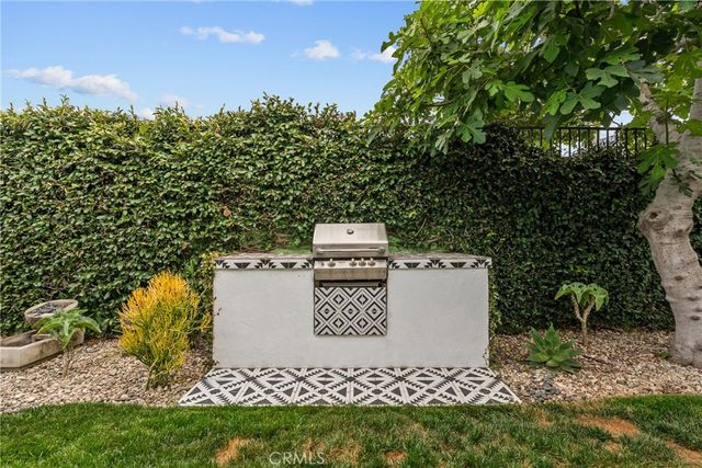 a view of a yard with plants and a bench