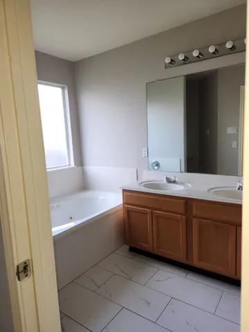 a bathroom with a tub sink and mirror