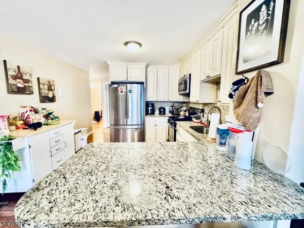 a kitchen with stainless steel appliances granite countertop a refrigerator a stove a sink and a refrigerator