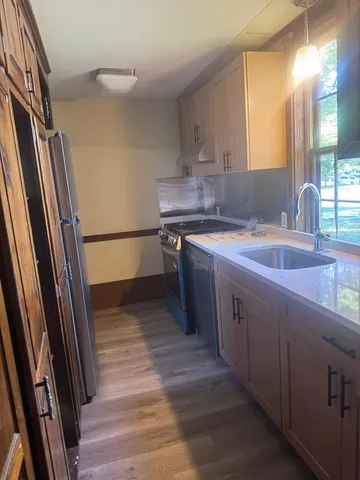 a kitchen with a sink and wooden cabinets