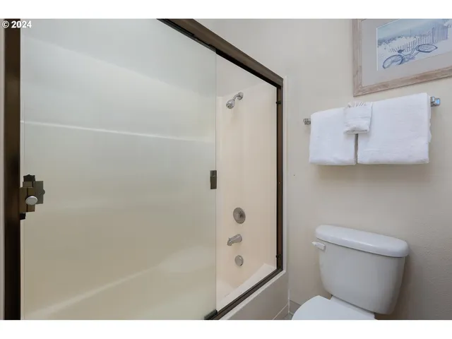 a bathroom with a shower and a toilet