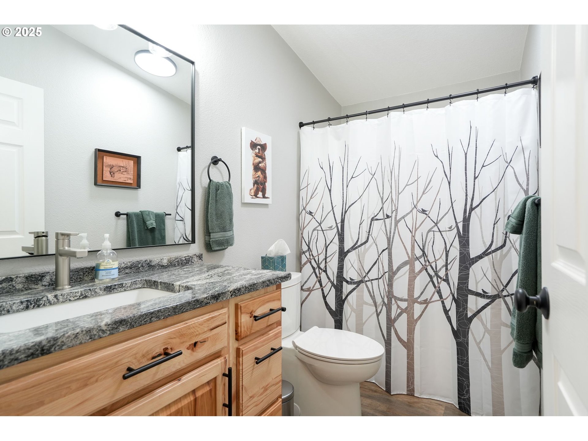 40219 North Dogwood Road Mill City, OR 97360 - Photo 31 of 47 a bathroom with a granite countertop sink and a mirror