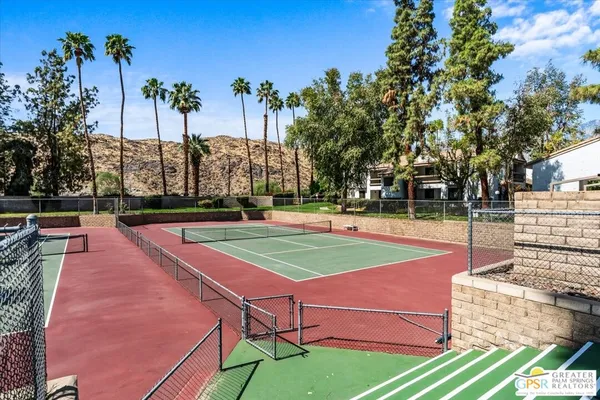 a view of a basket ball ground and palm trees