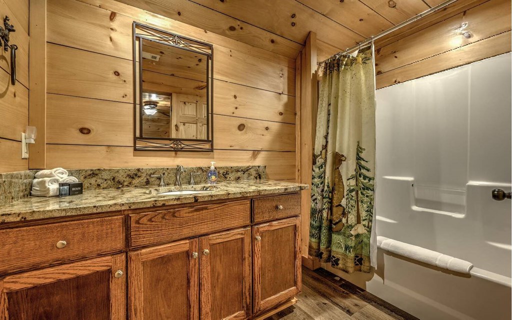 343 Muller Lane Ellijay, GA 30540 - Photo 26 of 35 a bathroom with a granite countertop sink a toilet and shower