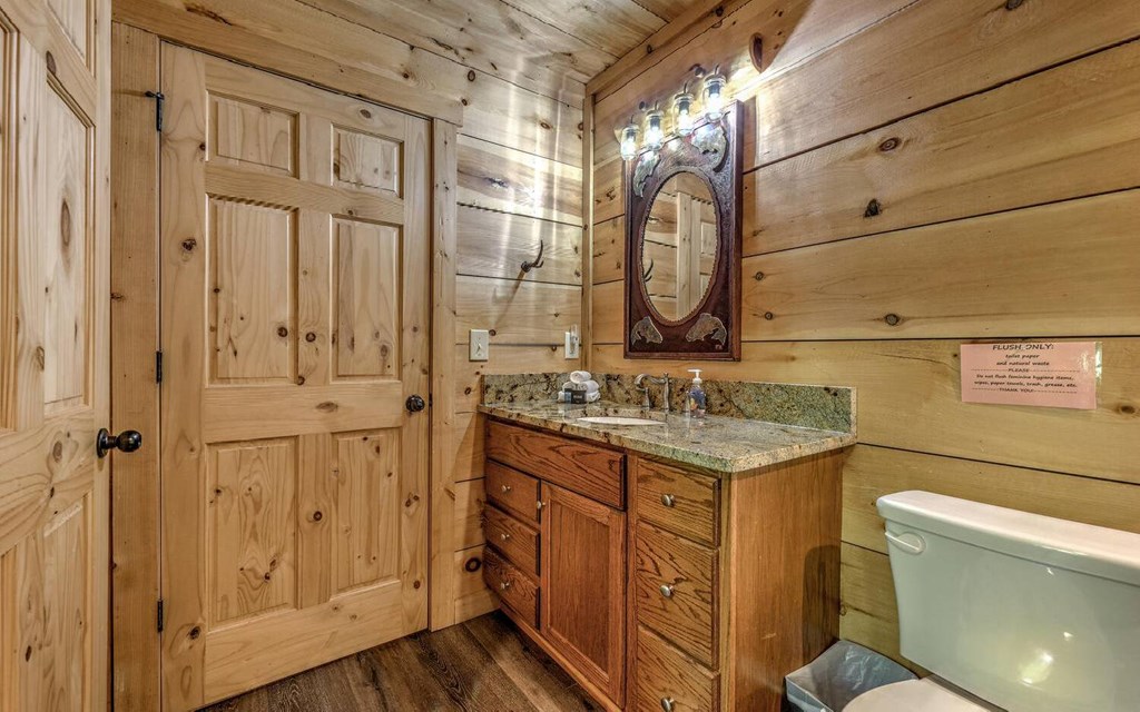 343 Muller Lane Ellijay, GA 30540 - Photo 27 of 35 a bathroom with a granite countertop sink a toilet and shower