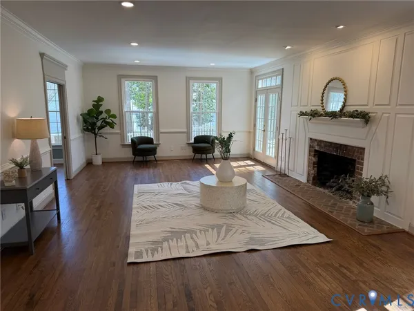 a living room with a bath tub and a shower