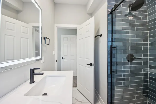 a bathroom with a sink a shower and a mirror