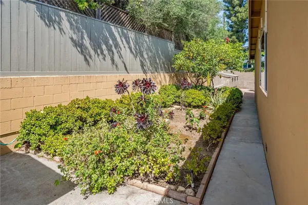 a view of a pathway with a flower garden