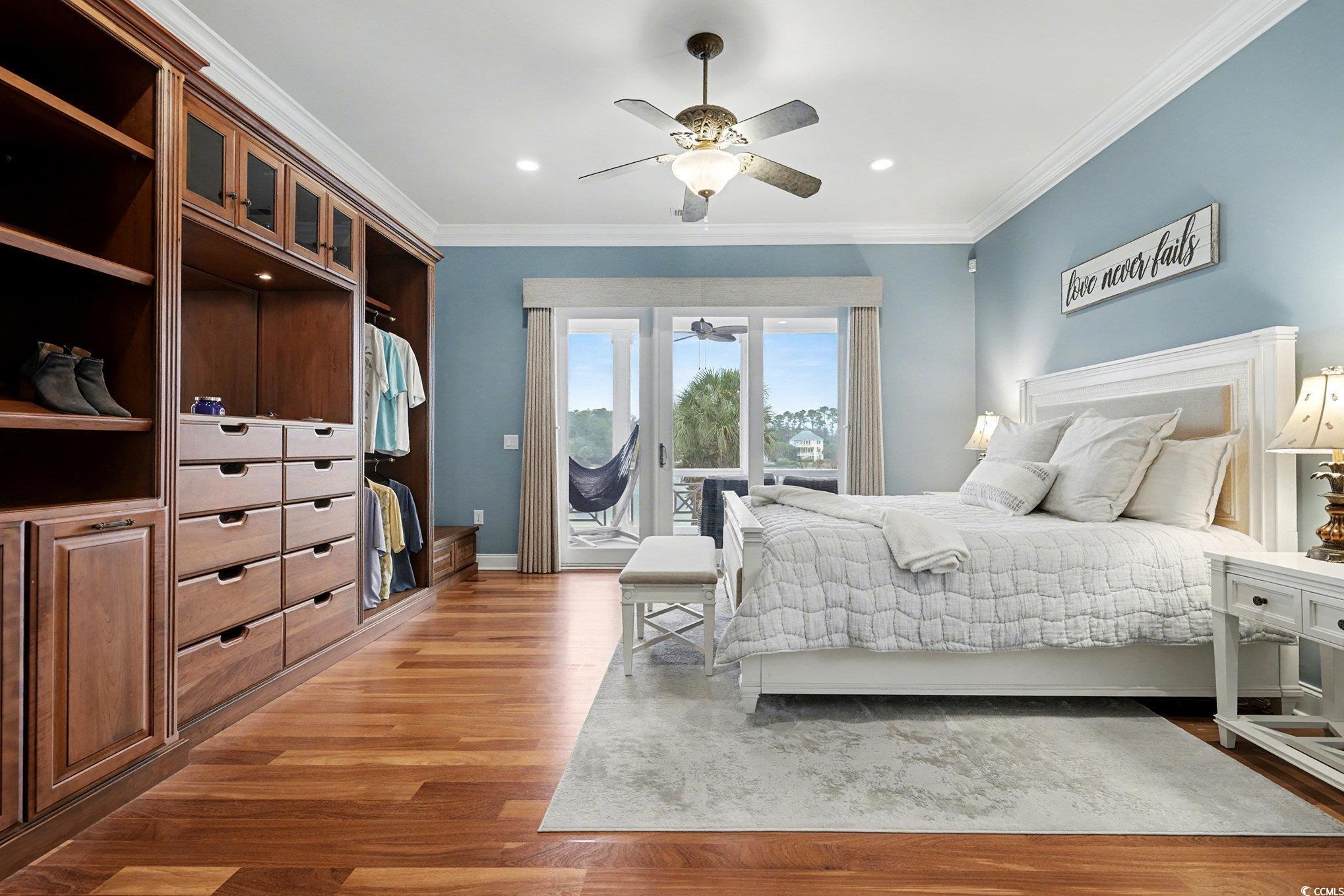 1710 Pond Road Murrells Inlet, SC 29576 - Photo 17 of 39 Bedroom with light wood-style floors, access to exterior, crown molding, a ceiling fan, and recessed lighting