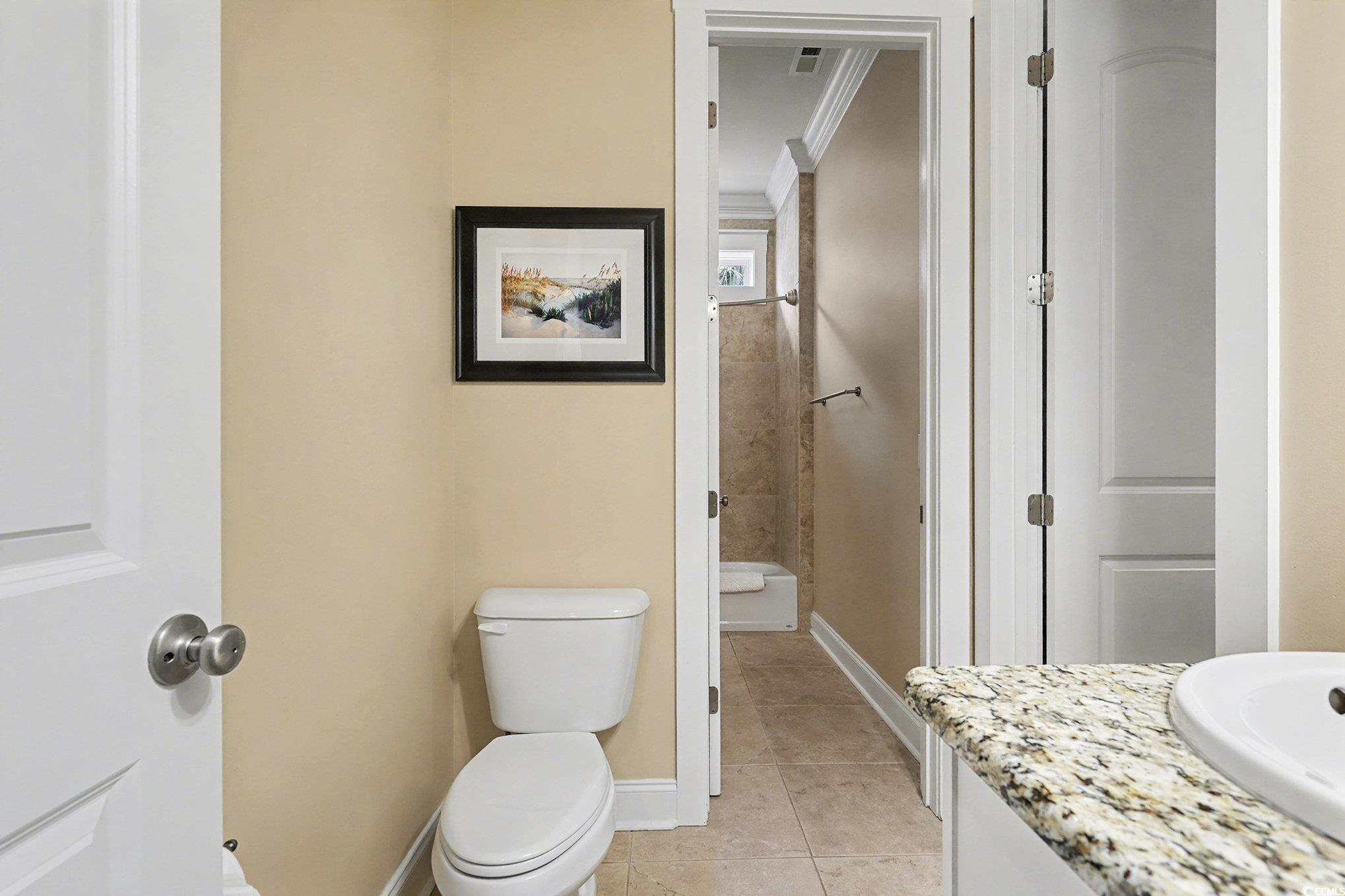 1710 Pond Road Murrells Inlet, SC 29576 - Photo 31 of 39 Bathroom featuring crown molding, light tile patterned flooring, and vanity