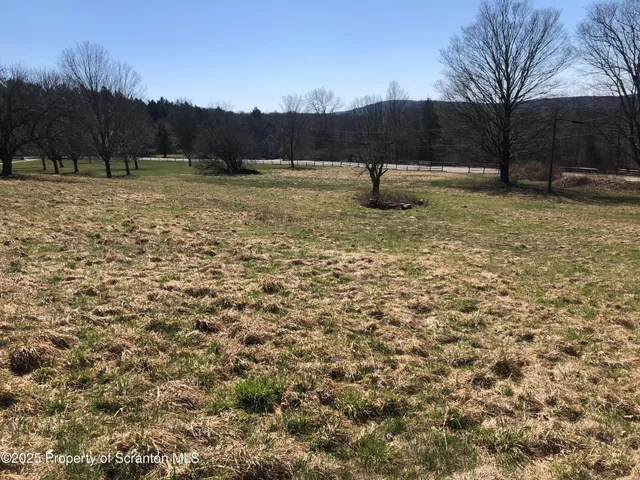 a view of a yard with wooden fence