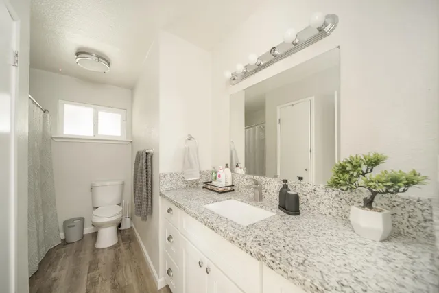 a bathroom with a granite countertop sink a toilet and a mirror