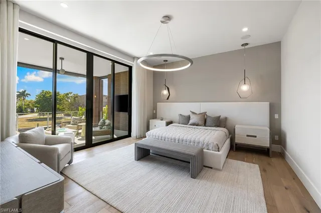 a spacious bedroom with a bed and a large window