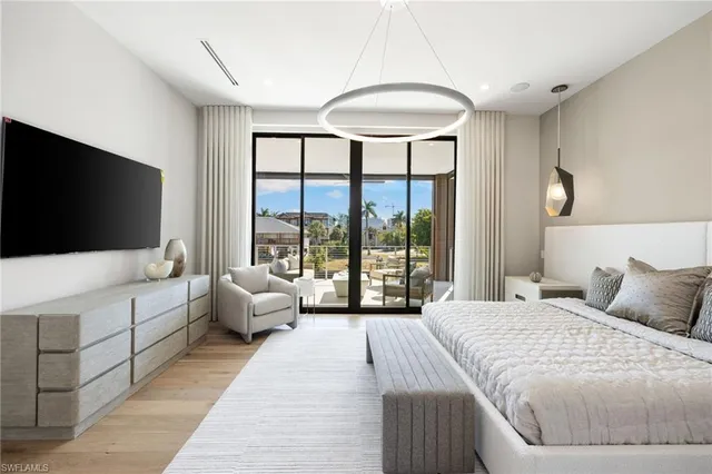 a spacious bedroom with a large bed and a large window