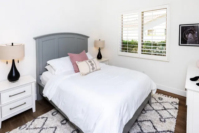 a view of a yard with plants and trees