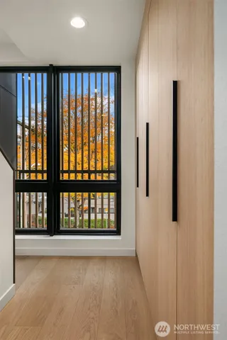 a view of staircase with large window