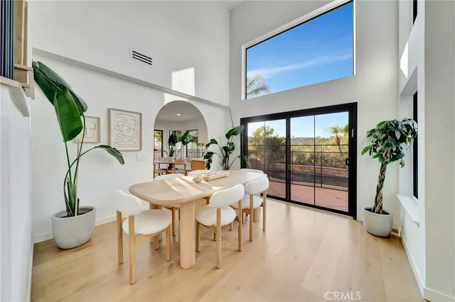 a view of a dining room with furniture and a potted plant