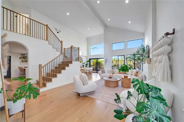a living room with furniture and a potted plant