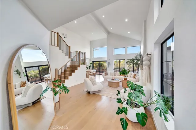 a living room with furniture fireplace and potted plant