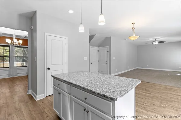 a kitchen with kitchen island a counter top space and wooden floor