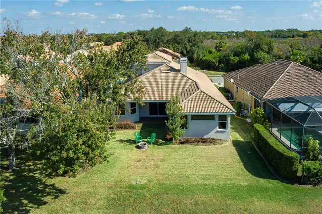 an aerial view of residential houses with outdoor space and lake view