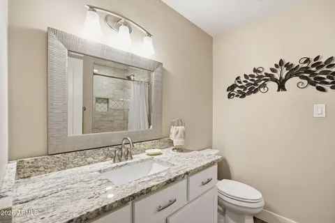 a bathroom with a granite countertop sink a toilet and a mirror