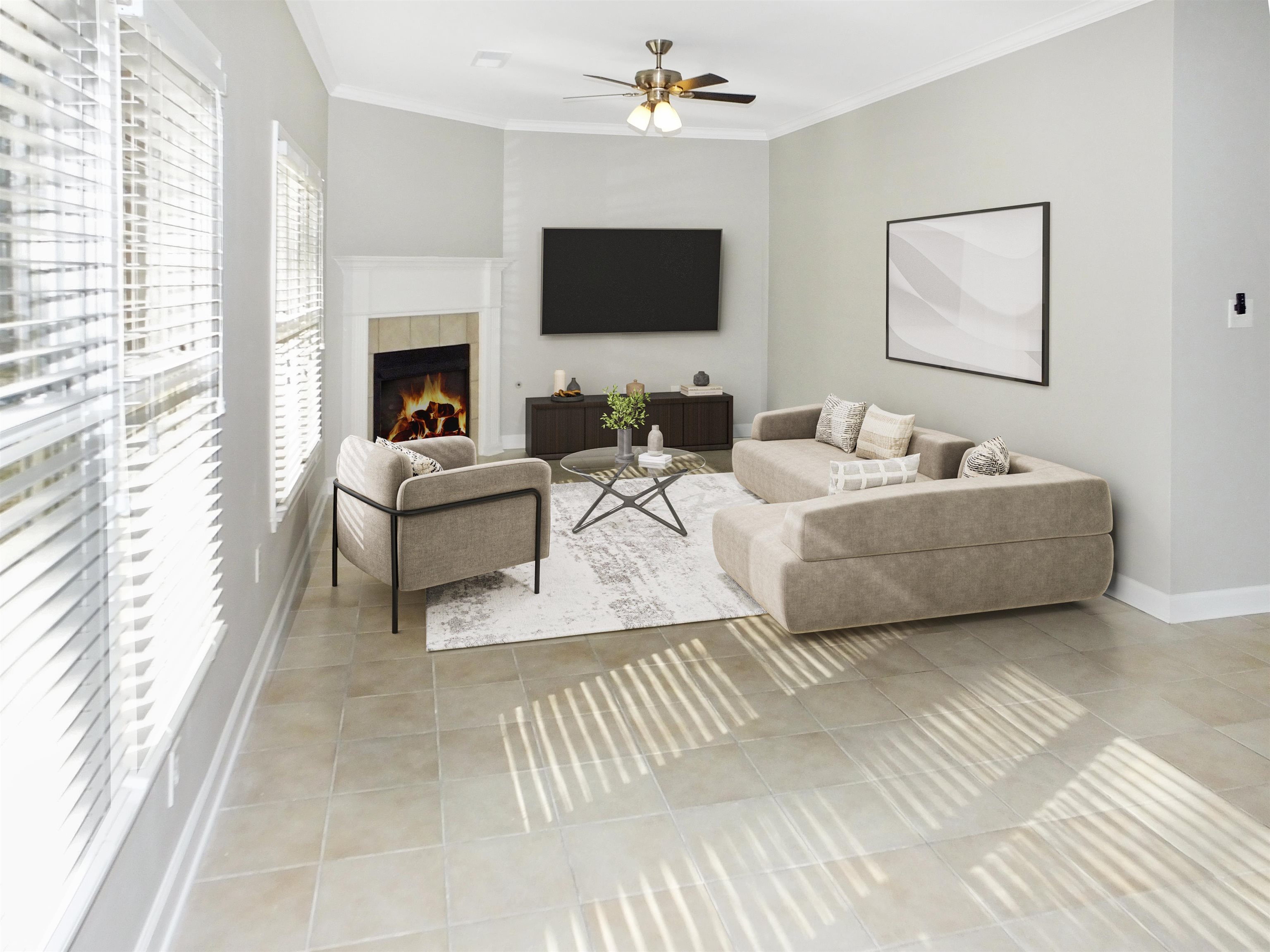 4323 Country Bridge Road Lakeland, TN 38002 - Photo 19 of 35 Living room featuring a ceiling fan, baseboards, light tile patterned floors, a fireplace, and crown molding