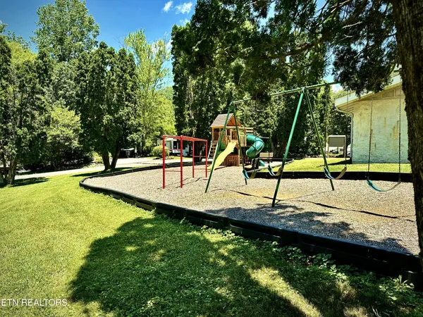 a backyard of a house with plants and large trees