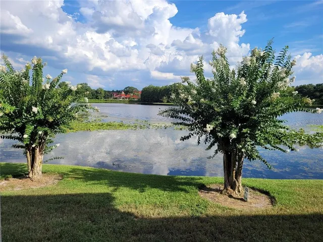a view of a lake with a garden and lake view
