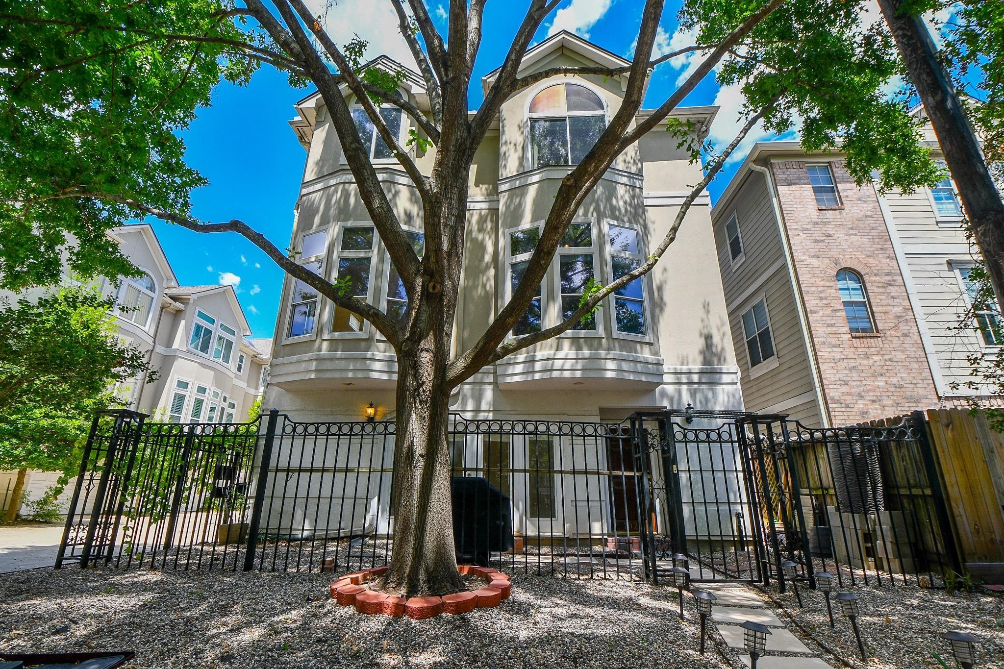 a front view of a house with a tree