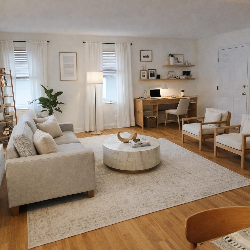 a living room with furniture and a potted plant