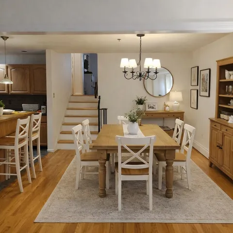 a dining room with wooden floor a chandelier a wooden table and chairs