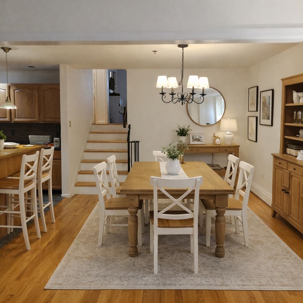 617 Madison Street, Unit 2A Hoboken, NJ 07030 - Photo 4 of 11 a dining room with wooden floor a chandelier a wooden table and chairs