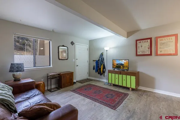 a living room with furniture rug and window