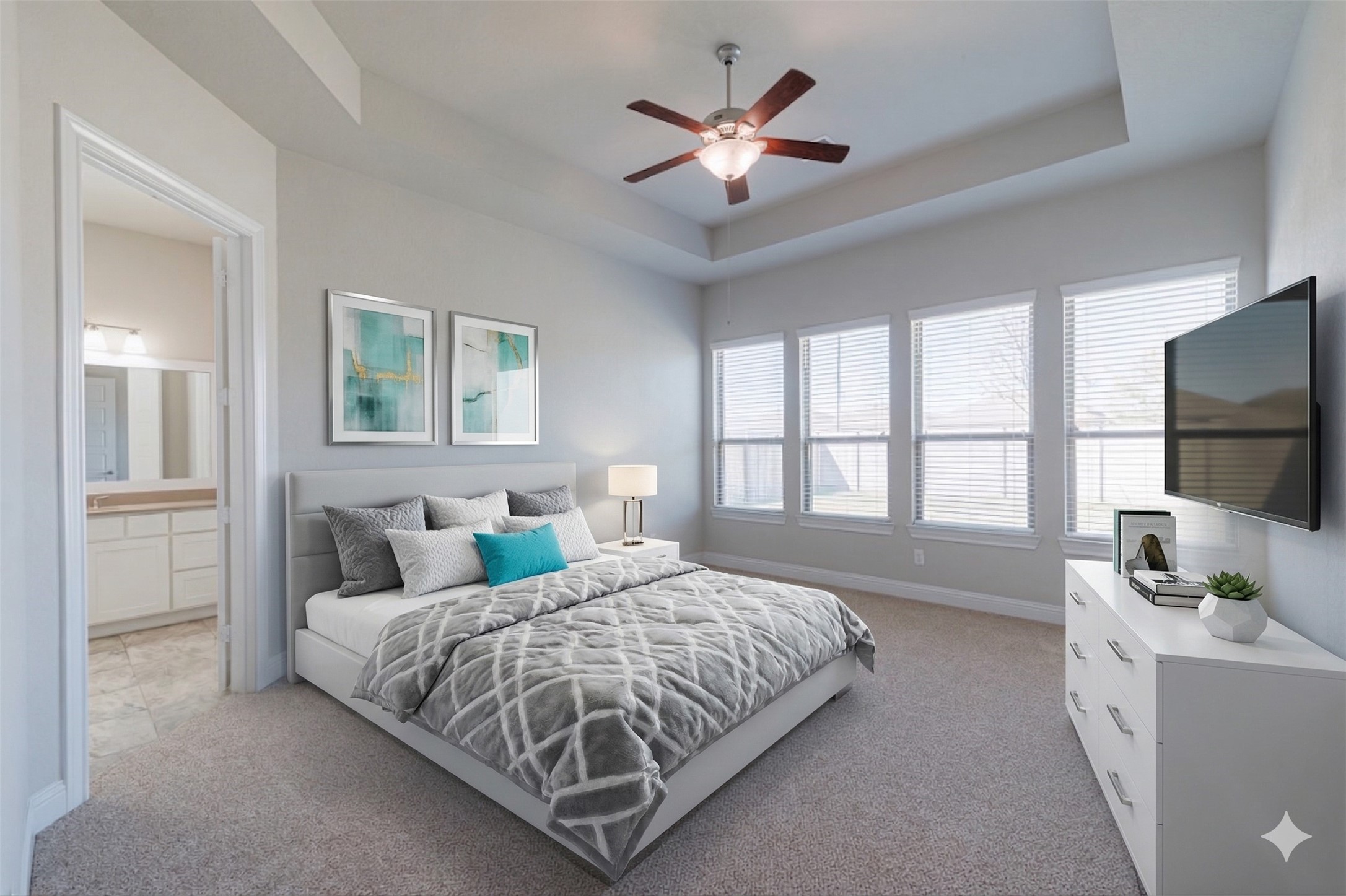 18731 Spellman Ridge Drive Tomball, TX 77377 - Photo 26 of 50 The primary suite offers high tray ceilings and an ensuite bath. - Virtually Staged.