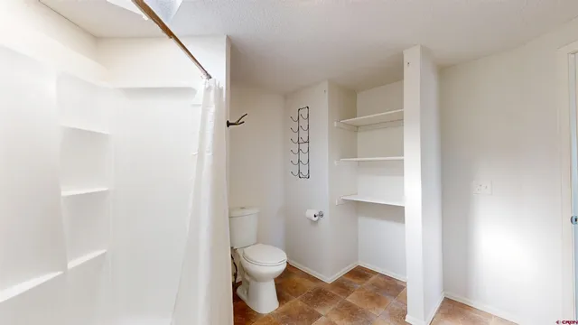 a bathroom with a toilet and a shower