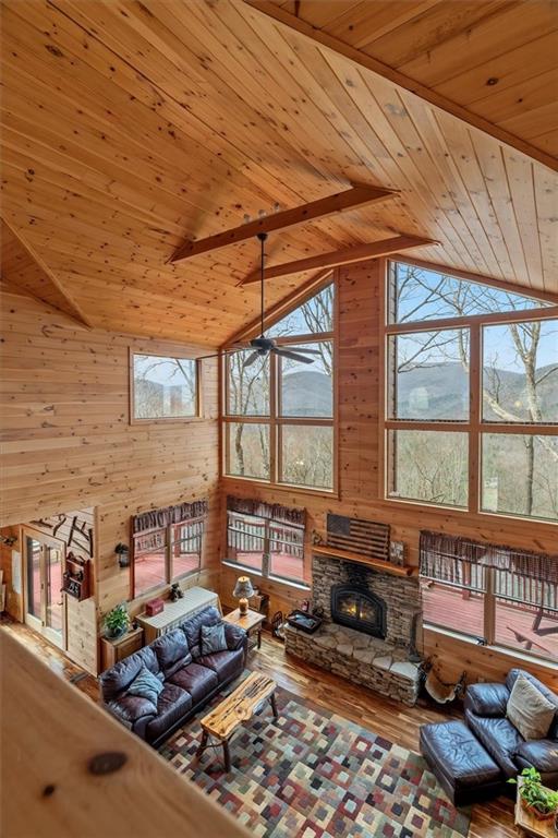 881 Fox Mountain Road Cherry Log, GA 30522 - Photo 31 of 65 a living room with furniture a fireplace and a floor to ceiling window