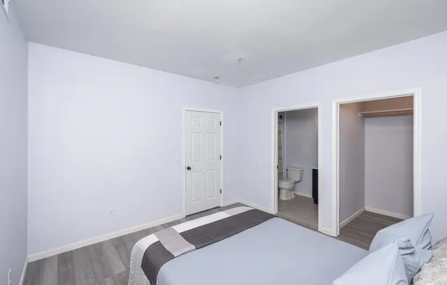 a bedroom with a bed and a closet