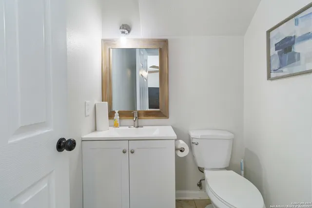 a bathroom with a toilet a sink and mirror