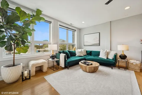a living room with furniture a lamp and a potted plant