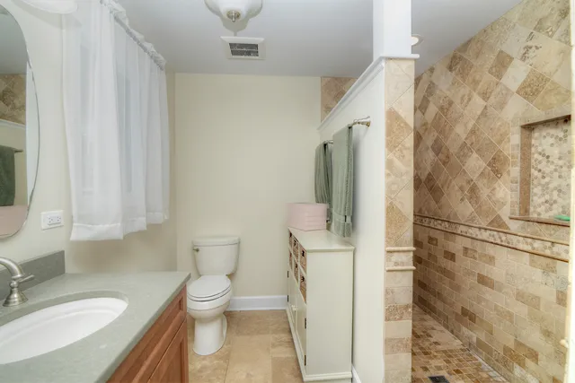 a bathroom with a granite countertop sink toilet and shower