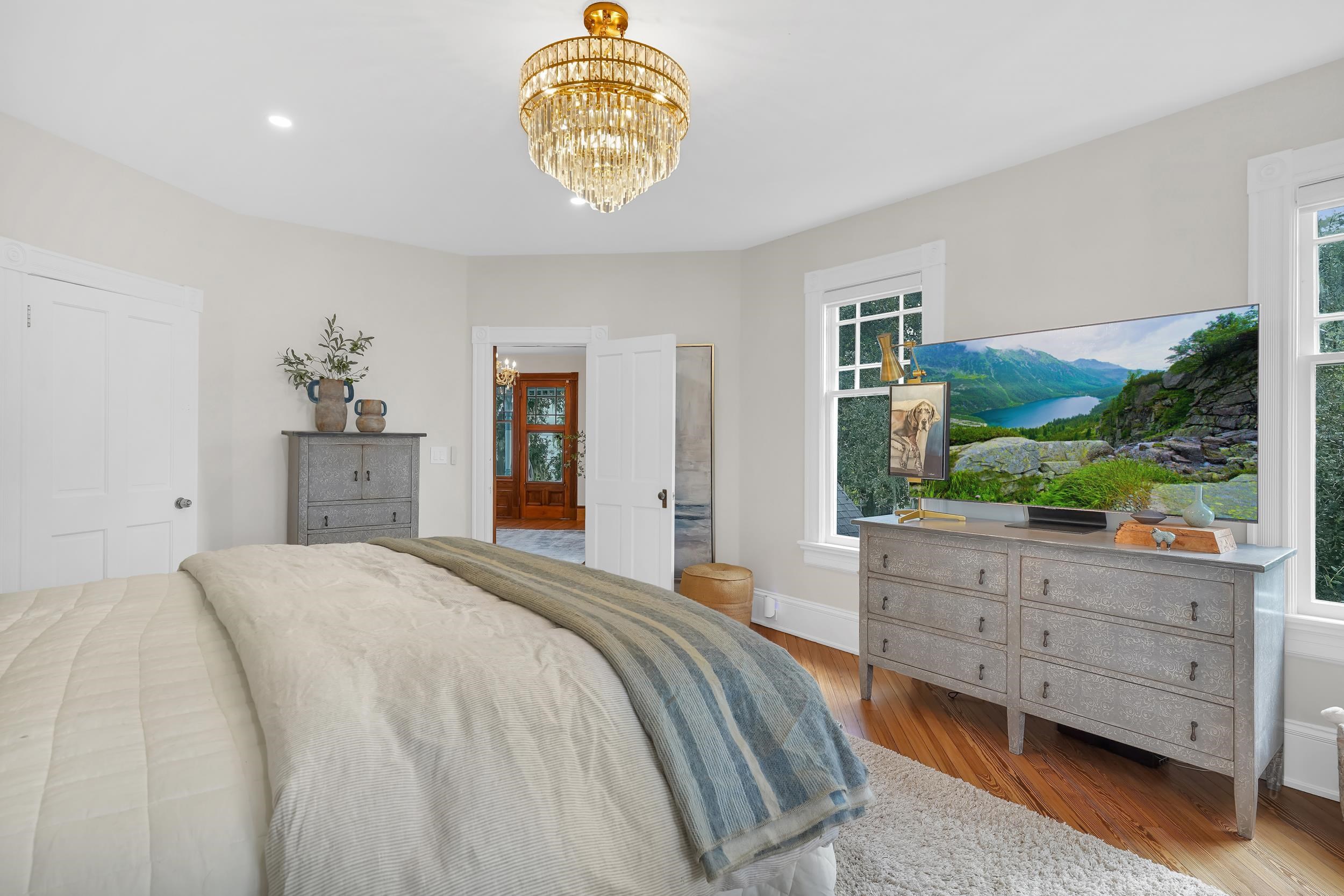 268 St George Street St. Augustine, FL 32084 - Photo 31 of 71 Bedroom with wood finished floors, a chandelier, and recessed lighting