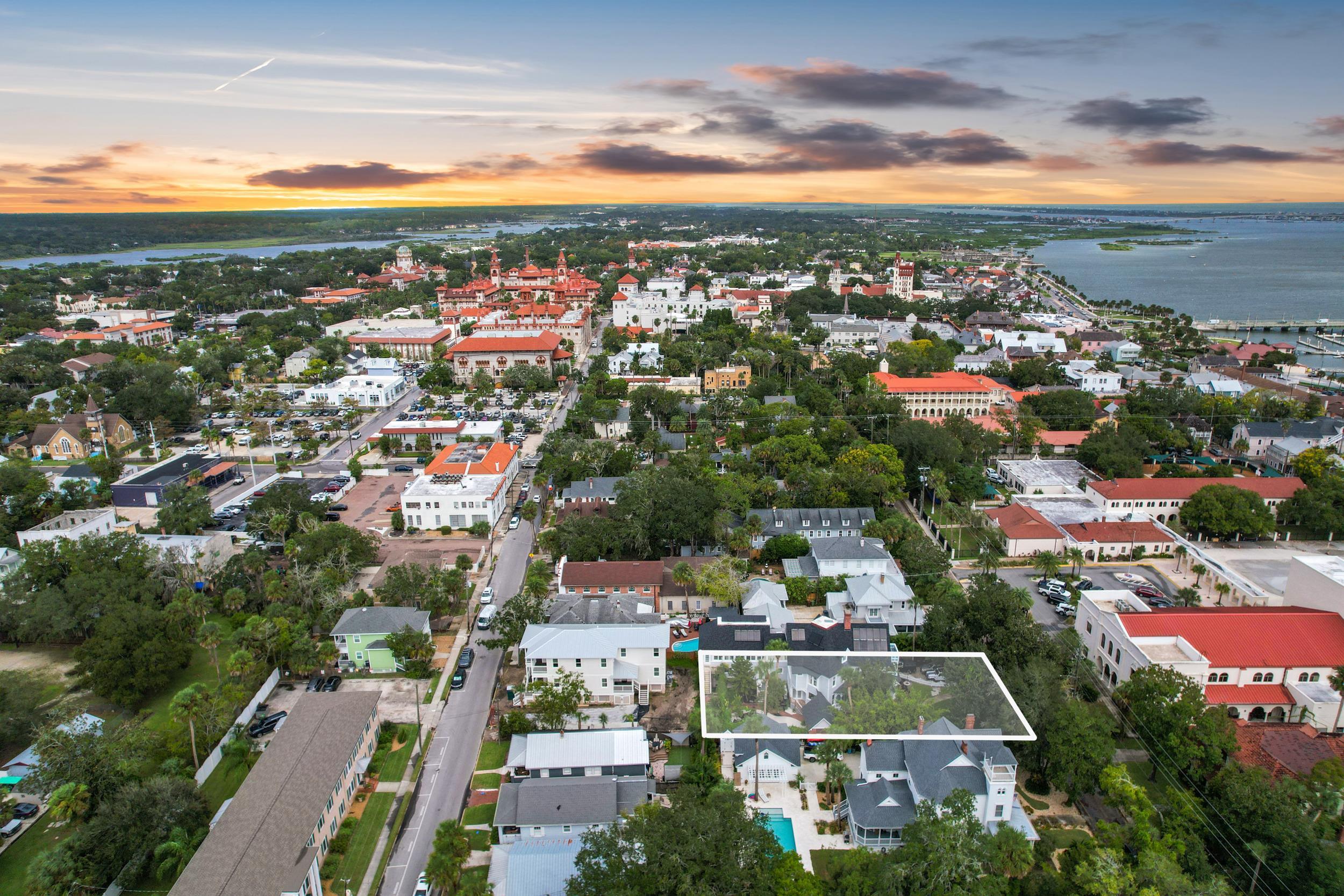 268 St George Street St. Augustine, FL 32084 - Photo 66 of 71 Aerial view at dusk of a water view and property parcel outlined