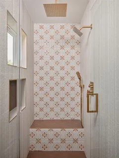 a bathroom with a tub sink and shower