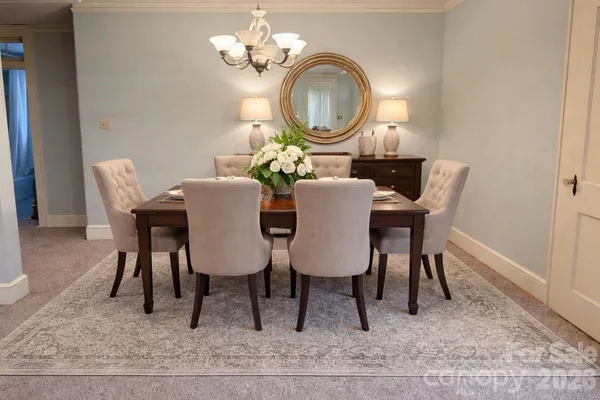 a dining room with furniture a rug a potted plant and a chandelier