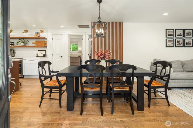 a view of a dining room with furniture
