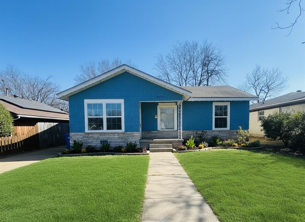 Post Pressure Wash Stone and New Paint Virtual Staged Landscape View of front of property with stone siding and roof with shingles